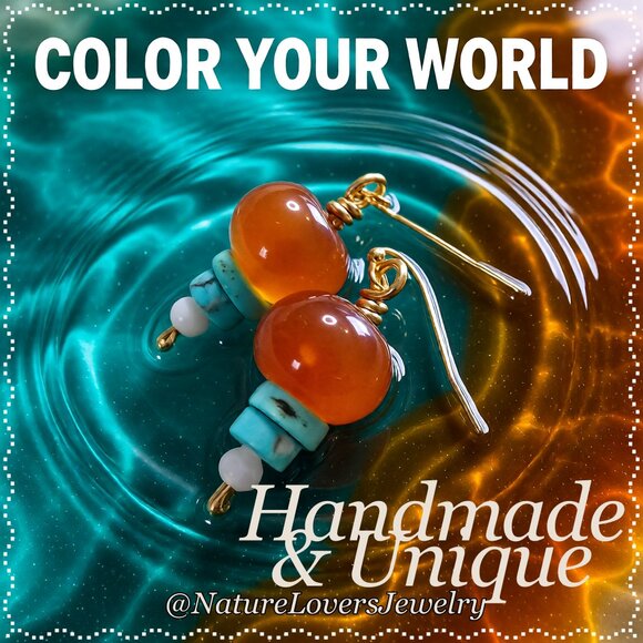 Earth Art hand crafted artisan Jewelry - Colorful Chunky Monkeys! Get Seen & Turn Heads! Orange & Turquoise Stone Earring